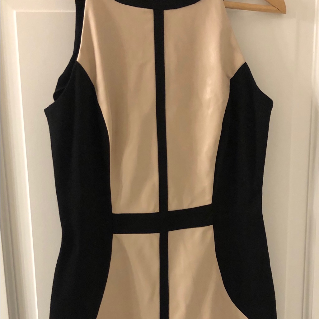Vakko Black/Cream Faux Leather Paneled Dress